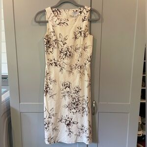 LOFT Cream linen shift dress with brown floral design size 0